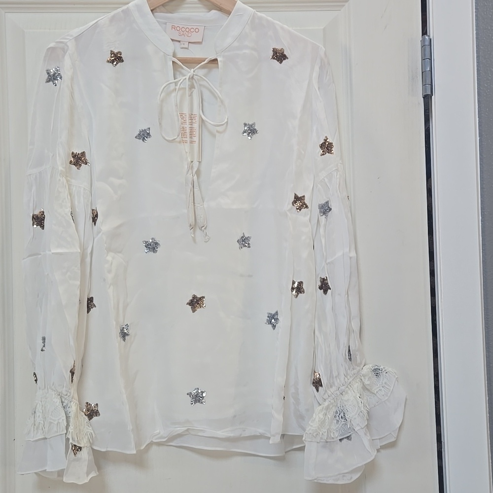 NWT Rococo Sand Astral White Tie Front Sequin Star Blouse Size Large